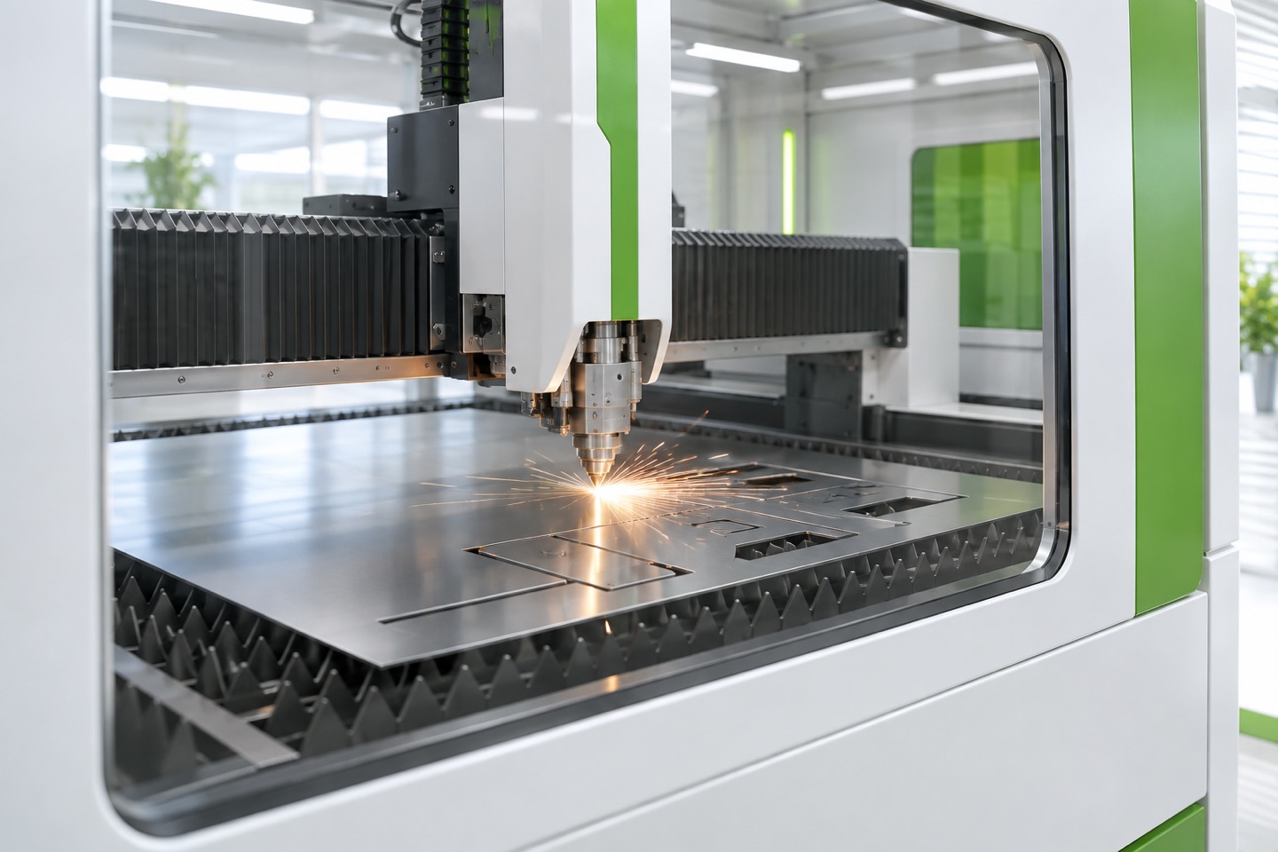 CNC fiber lazer tezgâhında sac metal kesimi — temsili görsel